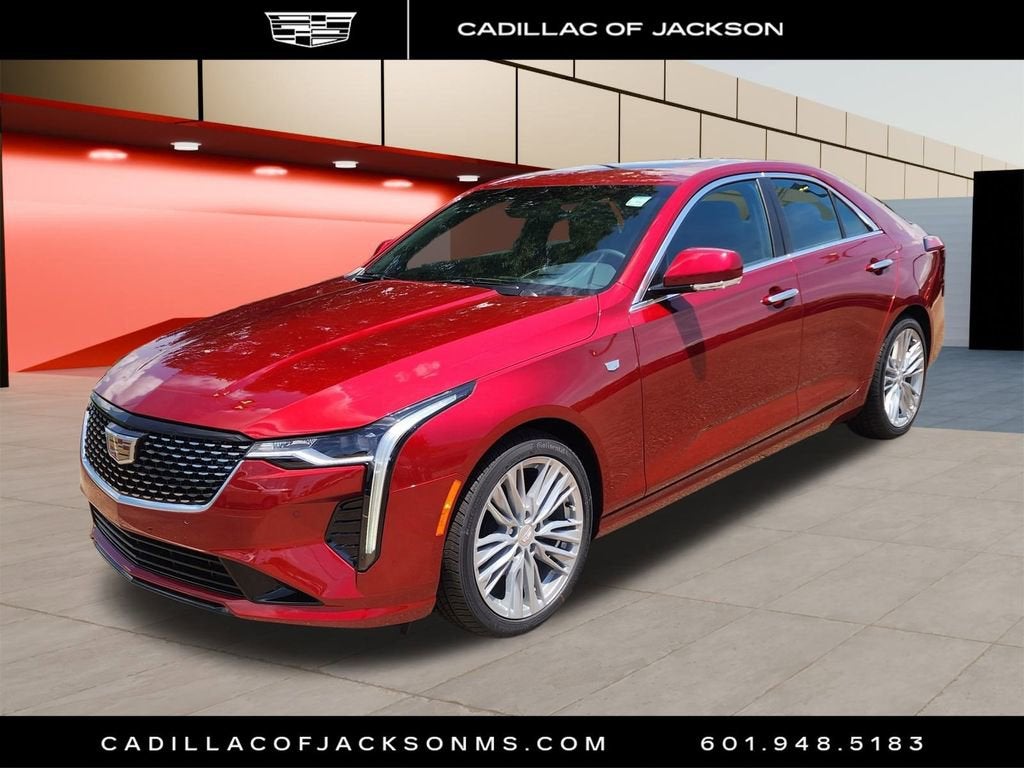 2025 Cadillac CT4 Premium Luxury in Radiant Red Tintcoat — front three-quarter view
