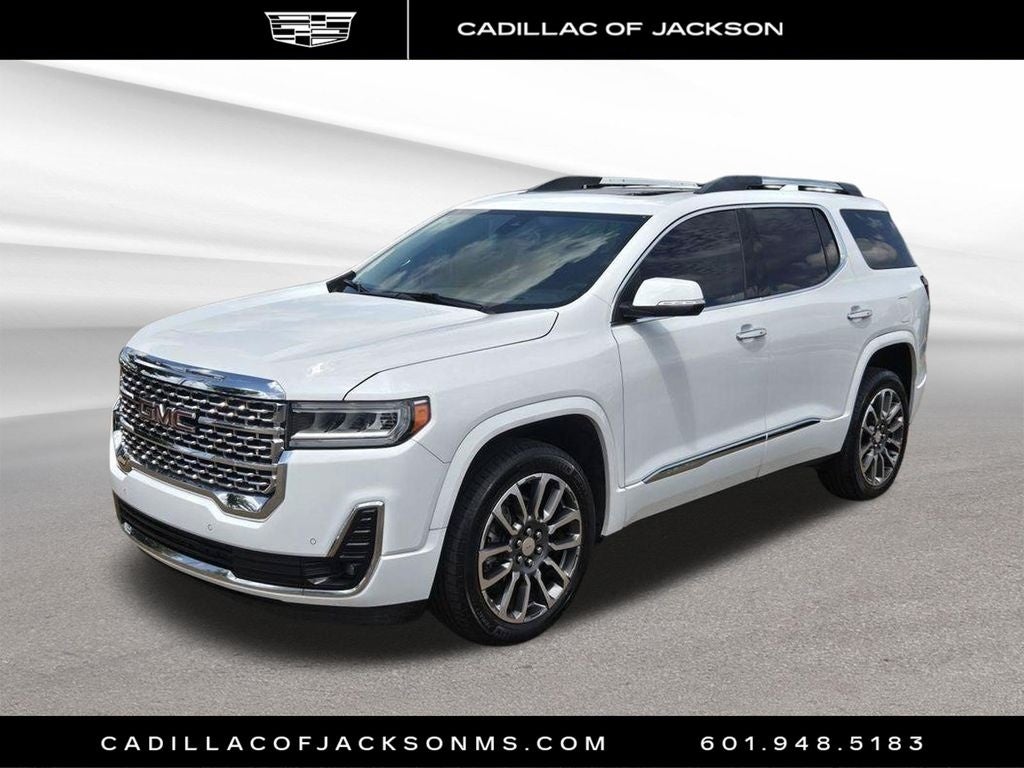 2021 GMC Acadia Denali in Summit White — front three-quarter view