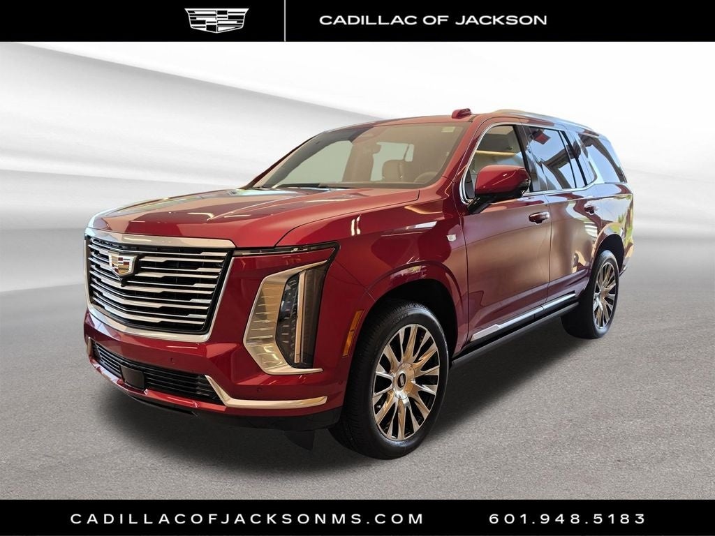 2026 Cadillac Escalade Platinum Luxury in Radiant Red Tintcoat — front three-quarter view